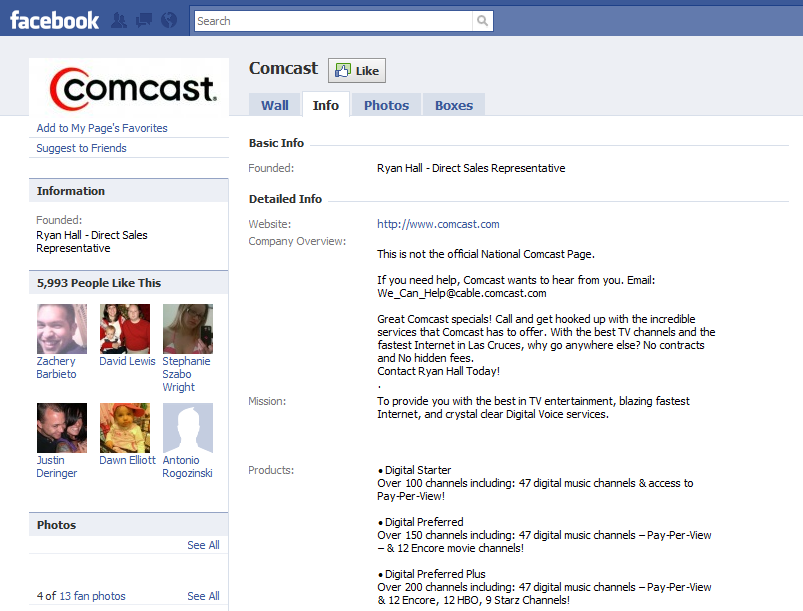 Comcast Facebook Page